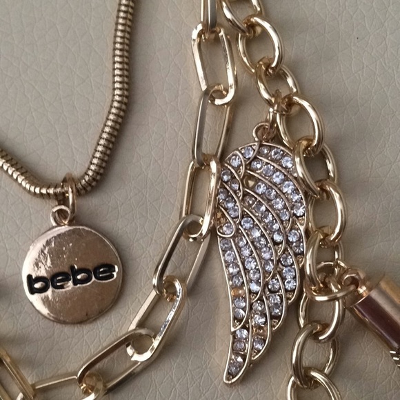 BEBE Goldtone Layered  Esclavage Rhinestone Charm Bling Chain Necklace - Picture 4 of 7